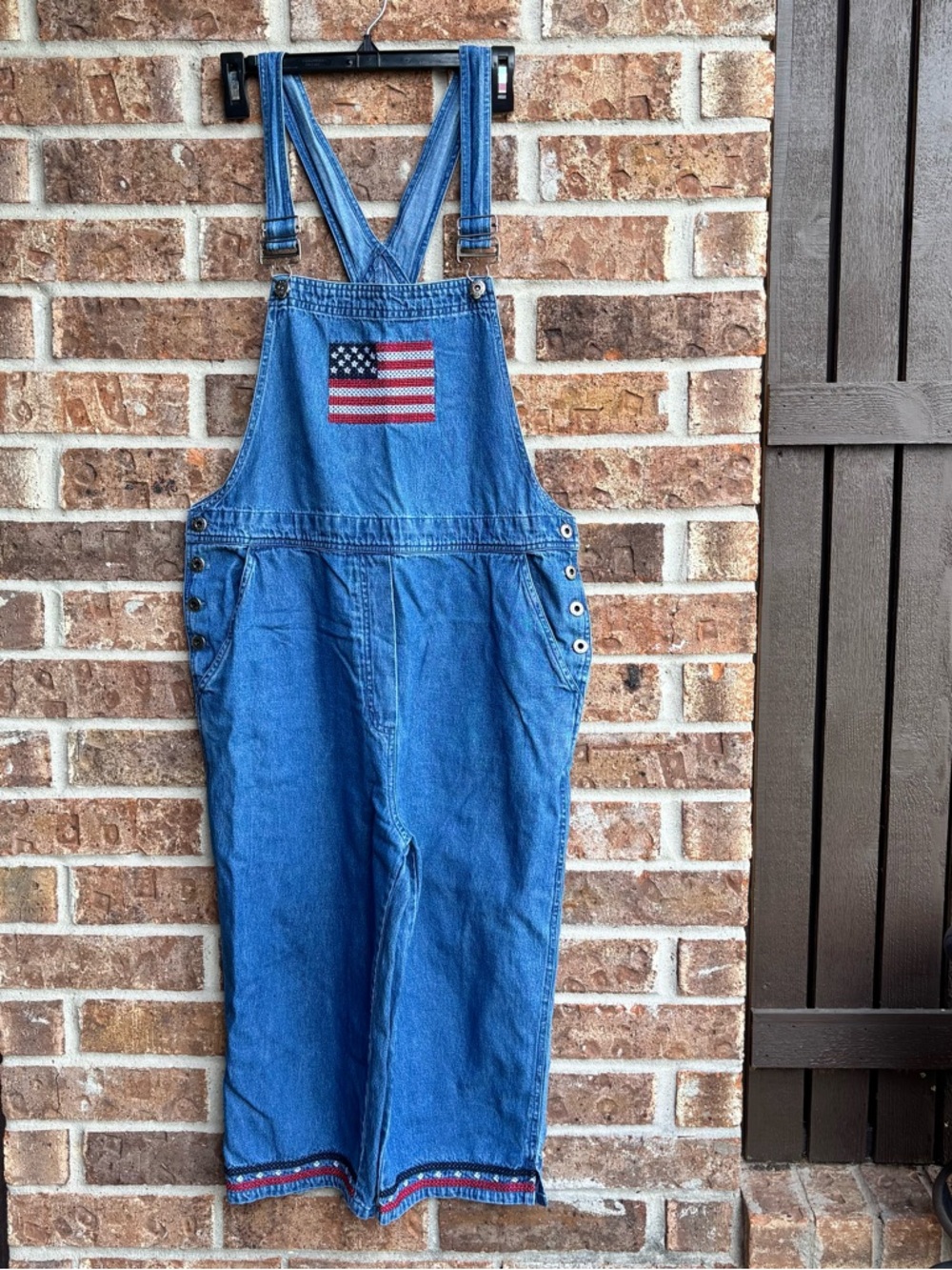 Asazy Patriot Denim Overalls with American Flag and hem embroidered